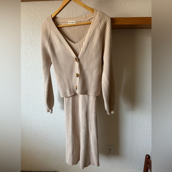Luca + Grae Dress & Cardigan Sweater Ribbed Body-con Set Tan Size Medium - Picture 2 of 7
